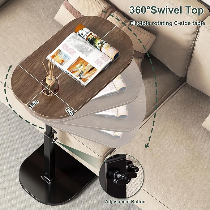 C Table End Table Adjustable Height, Laptop Table for Couch, 360°Swivel TV Tray, Coffee Side Table